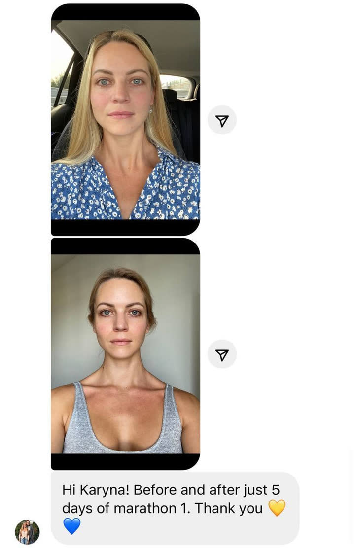 Client result 7 of 16: before and after photos and a message to Karina