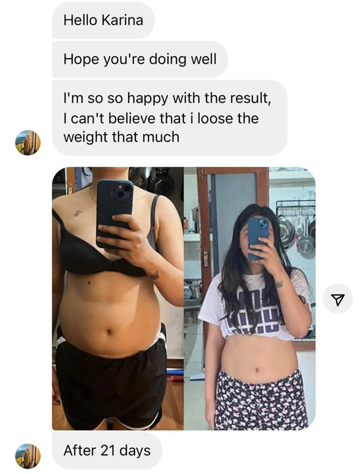 Client result 8 of 16: before and after photos and a message to Karina